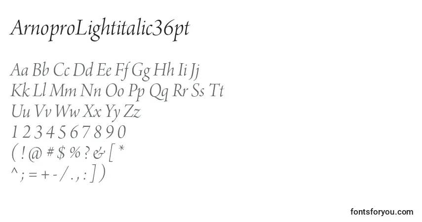 Czcionka ArnoproLightitalic36pt – alfabet, cyfry, specjalne znaki