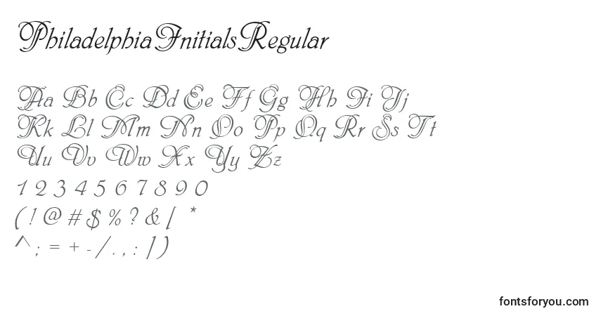 A fonte PhiladelphiaInitialsRegular – alfabeto, números, caracteres especiais