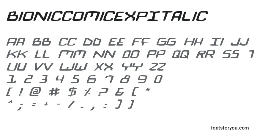 Czcionka BionicComicExpItalic – alfabet, cyfry, specjalne znaki