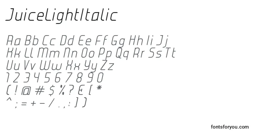 JuiceLightItalic-fontti – aakkoset, numerot, erikoismerkit