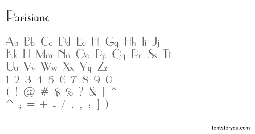 Czcionka Parisianc – alfabet, cyfry, specjalne znaki