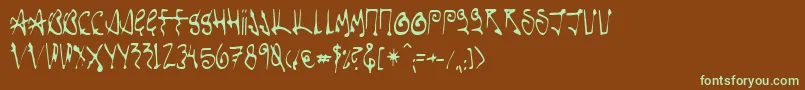 フォントScorpioA – 緑色の文字が茶色の背景にあります。