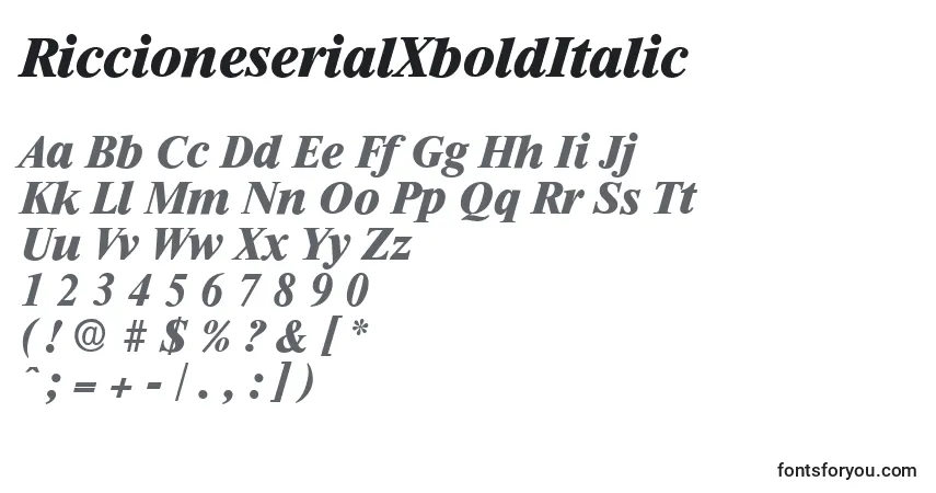 Шрифт RiccioneserialXboldItalic – алфавит, цифры, специальные символы