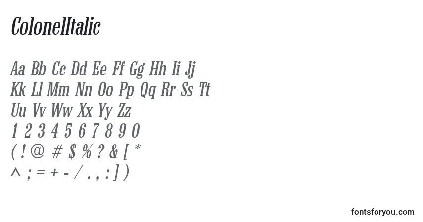Шрифт ColonelItalic – алфавит, цифры, специальные символы