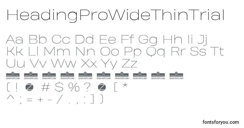 A fonte HeadingProWideThinTrial – alfabeto, números, caracteres especiais