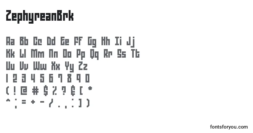 Czcionka ZephyreanBrk – alfabet, cyfry, specjalne znaki