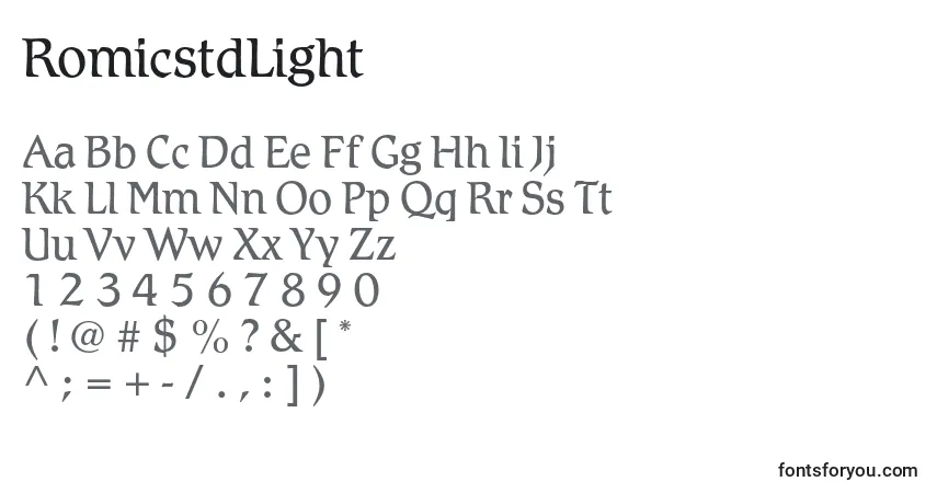 A fonte RomicstdLight – alfabeto, números, caracteres especiais