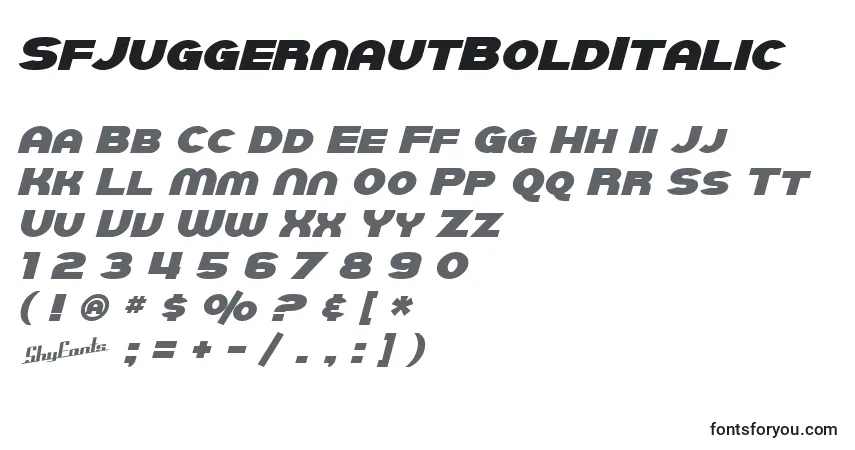 A fonte SfJuggernautBoldItalic – alfabeto, números, caracteres especiais