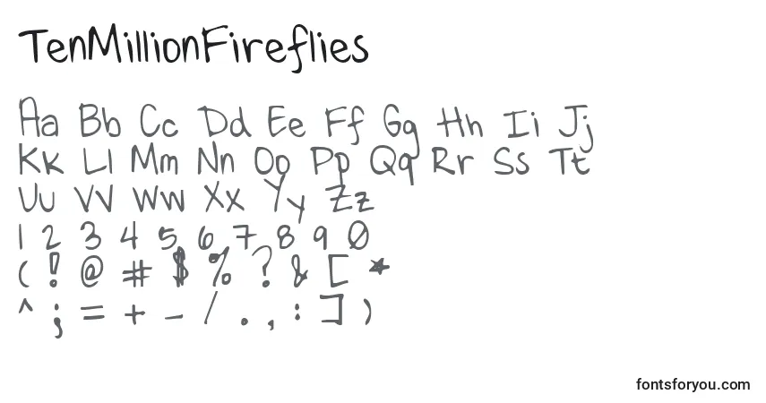Czcionka TenMillionFireflies – alfabet, cyfry, specjalne znaki