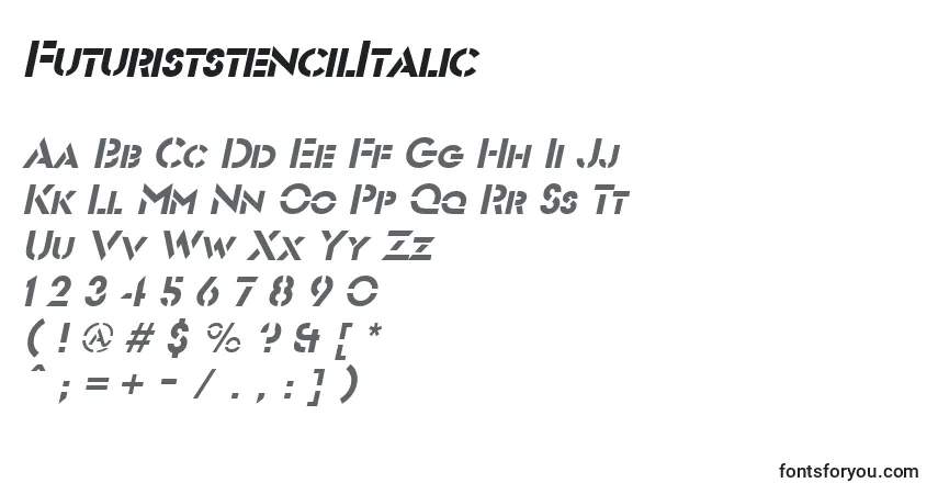 A fonte FuturiststencilItalic – alfabeto, números, caracteres especiais