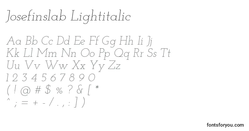 Josefinslab Lightitalic-fontti – aakkoset, numerot, erikoismerkit