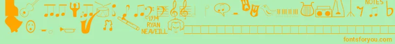 フォントMusicfun – オレンジの文字が緑の背景にあります。