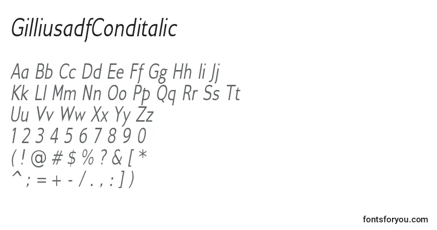 Schriftart GilliusadfConditalic – Alphabet, Zahlen, spezielle Symbole
