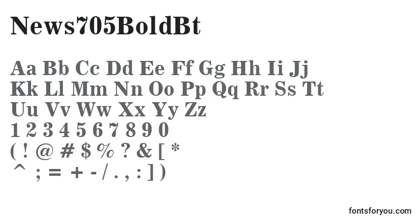 A fonte News705BoldBt – alfabeto, números, caracteres especiais