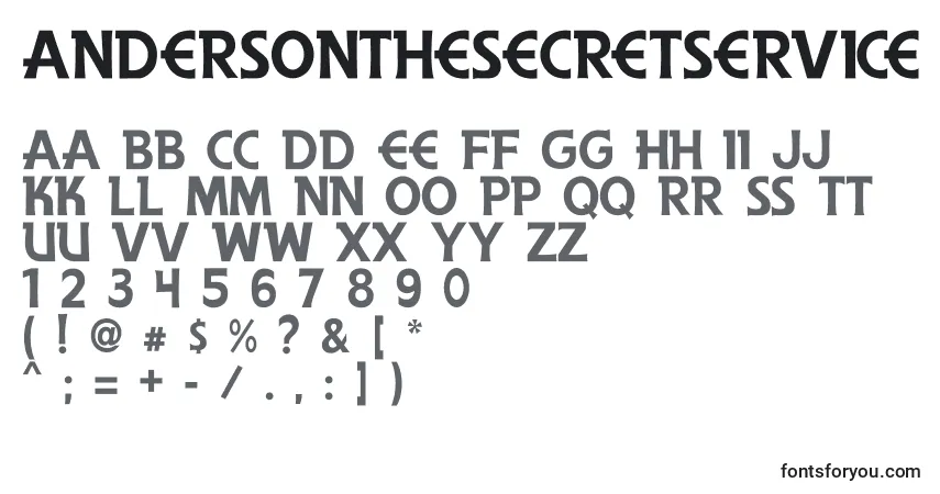A fonte AndersonTheSecretService – alfabeto, números, caracteres especiais