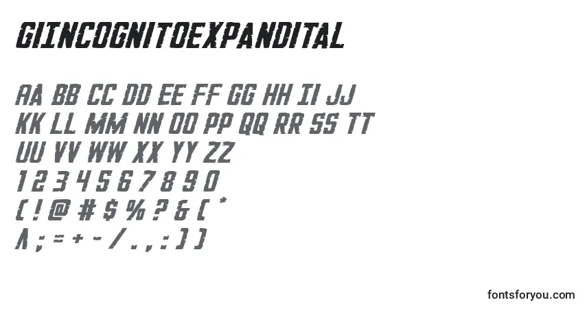 Шрифт GiIncognitoexpandital – алфавит, цифры, специальные символы