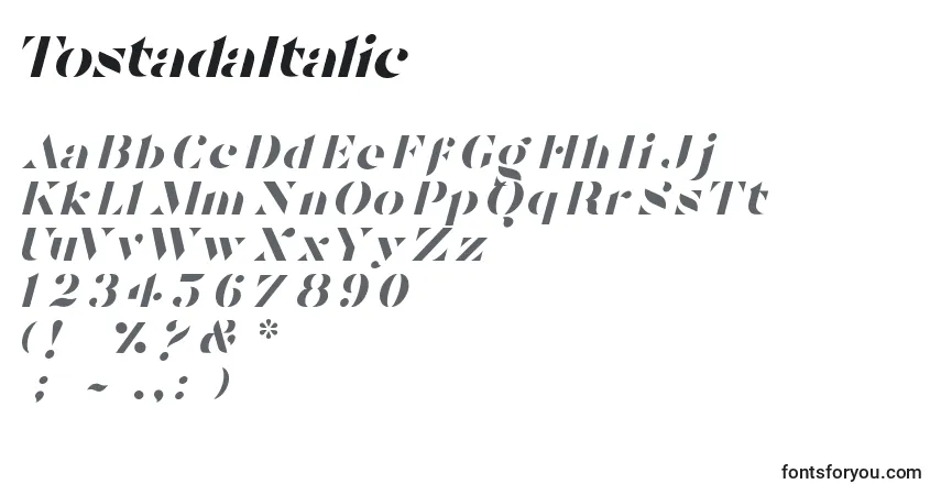 A fonte TostadaItalic – alfabeto, números, caracteres especiais