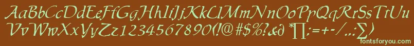 フォントIngridDb – 緑色の文字が茶色の背景にあります。