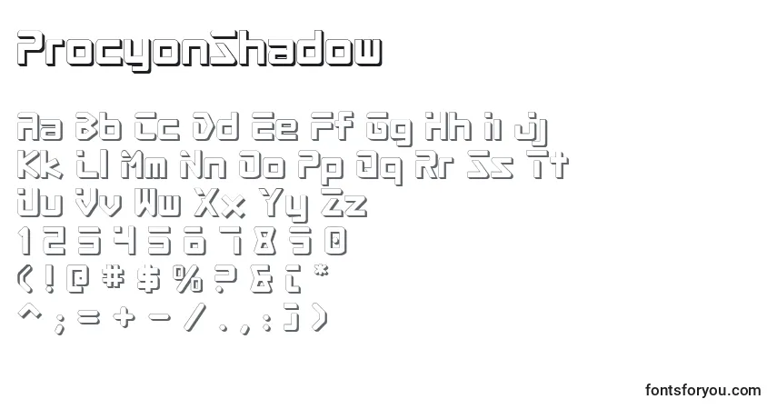 Czcionka ProcyonShadow – alfabet, cyfry, specjalne znaki