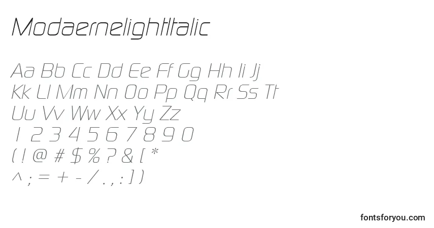 A fonte ModaernelightItalic – alfabeto, números, caracteres especiais