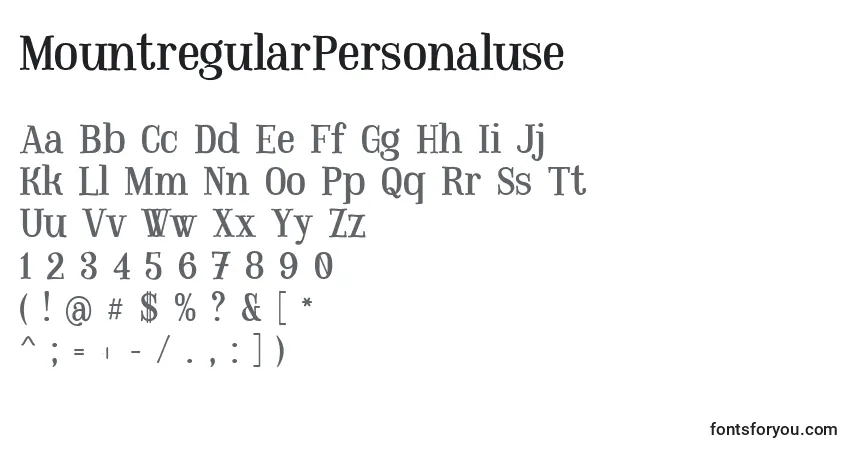Czcionka MountregularPersonaluse – alfabet, cyfry, specjalne znaki