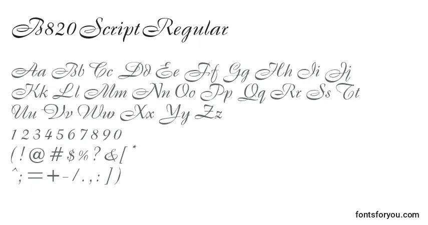 A fonte B820ScriptRegular – alfabeto, números, caracteres especiais