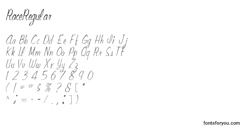 RaceRegular font – alphabet, numbers, special characters