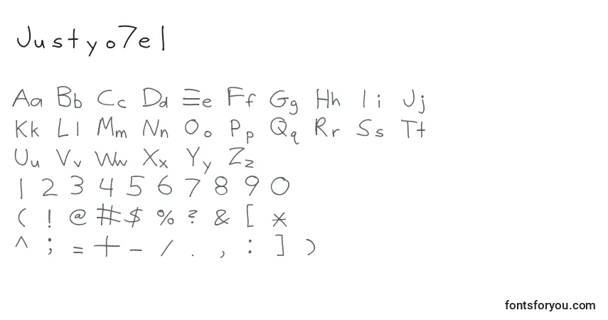 Schriftart Justyo7e1 – Alphabet, Zahlen, spezielle Symbole