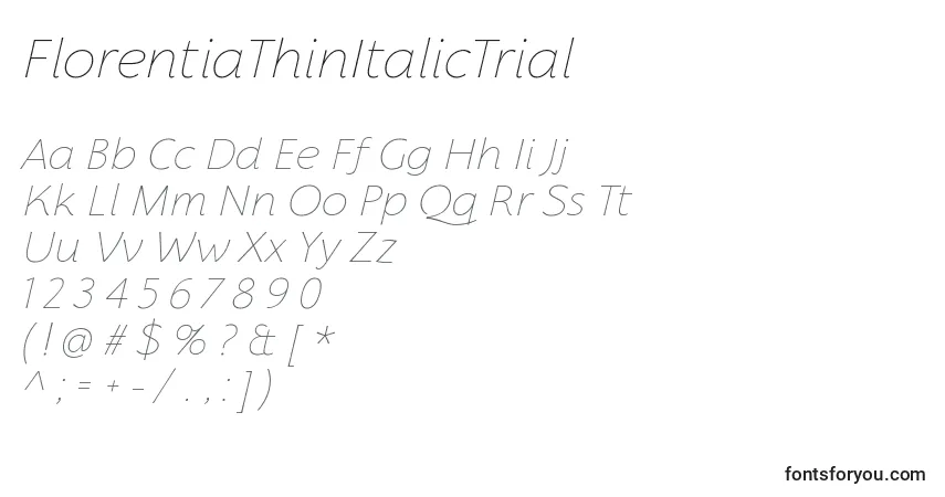 A fonte FlorentiaThinItalicTrial – alfabeto, números, caracteres especiais