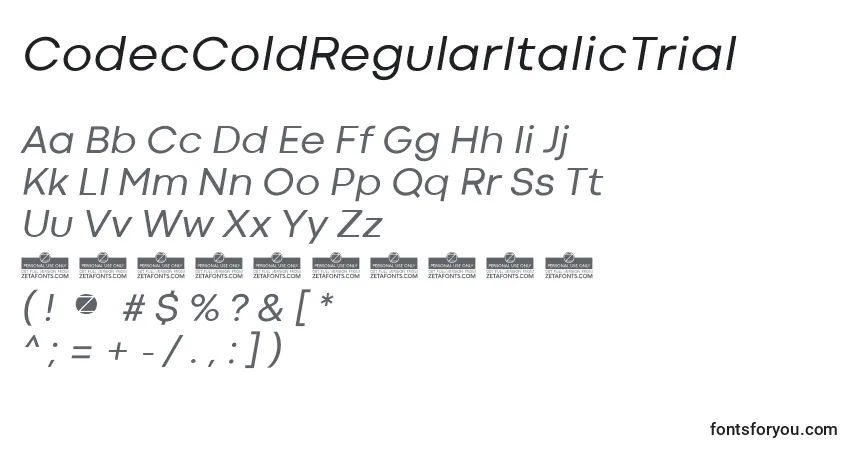 A fonte CodecColdRegularItalicTrial – alfabeto, números, caracteres especiais