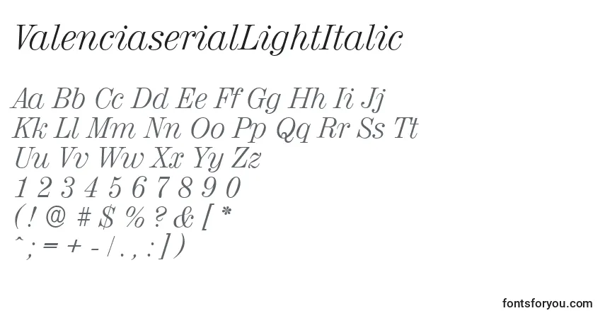 Schriftart ValenciaserialLightItalic – Alphabet, Zahlen, spezielle Symbole