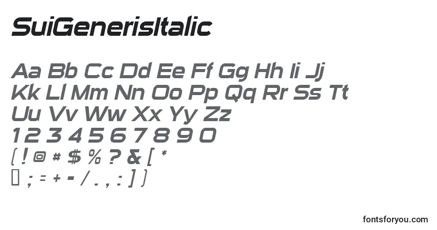 A fonte SuiGenerisItalic – alfabeto, números, caracteres especiais