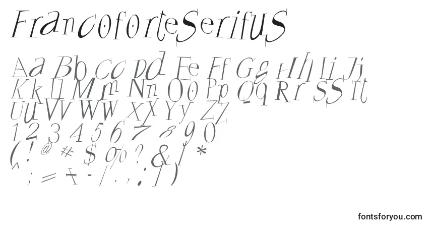 Schriftart Francoforteserifus – Alphabet, Zahlen, spezielle Symbole