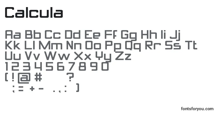 characters of calcula font, letter of calcula font, alphabet of  calcula font