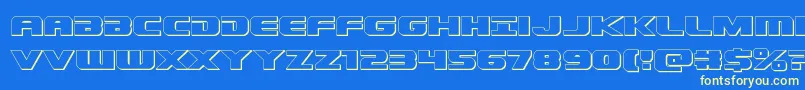 Dekaranger3D-Schriftart – Gelbe Schriften auf blauem Hintergrund