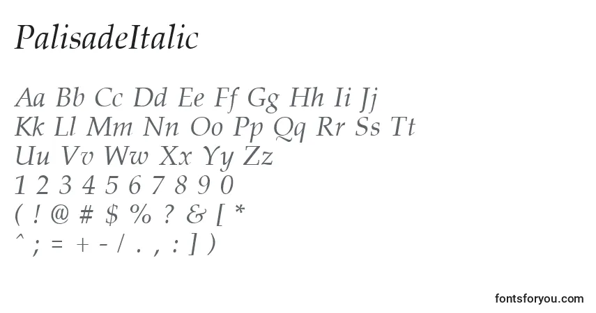 PalisadeItalic-fontti – aakkoset, numerot, erikoismerkit
