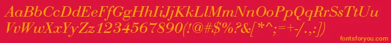 BodoniRomanItalic-Schriftart – Orangefarbene Schriften auf rotem Hintergrund