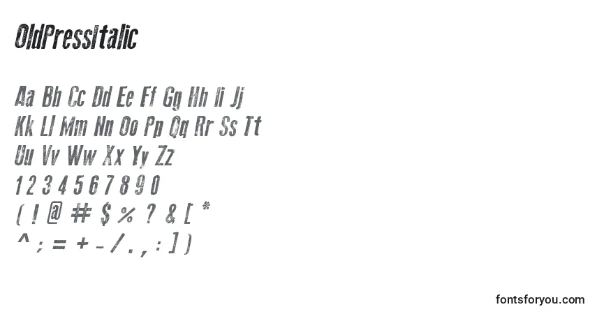 A fonte OldPressItalic – alfabeto, números, caracteres especiais