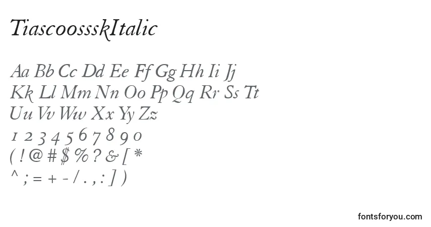 Schriftart TiascoossskItalic – Alphabet, Zahlen, spezielle Symbole