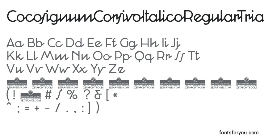 Шрифт CocosignumCorsivoItalicoRegularTrial – алфавит, цифры, специальные символы