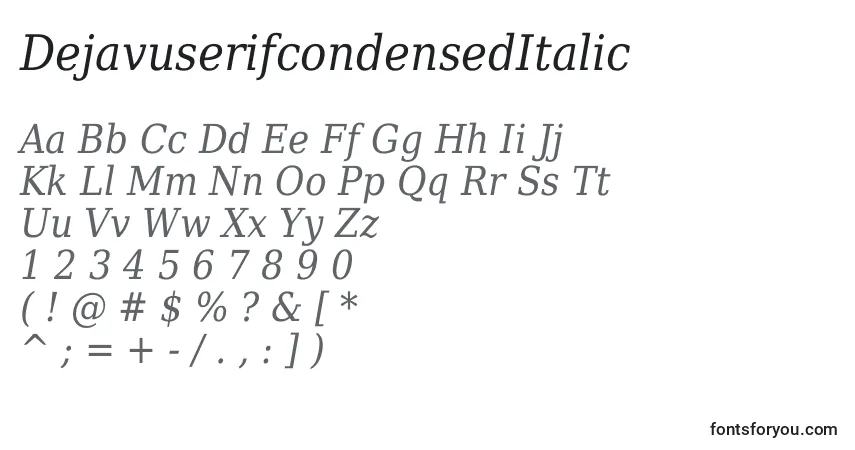 A fonte DejavuserifcondensedItalic – alfabeto, números, caracteres especiais