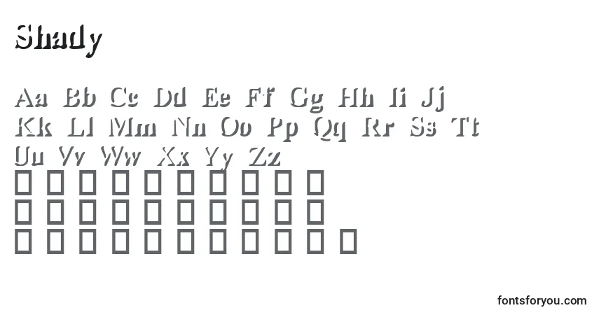 Czcionka Shady – alfabet, cyfry, specjalne znaki