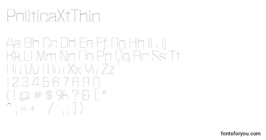 Czcionka PoliticaXtThin – alfabet, cyfry, specjalne znaki