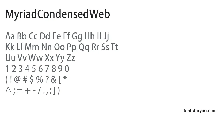 A fonte MyriadCondensedWeb – alfabeto, números, caracteres especiais