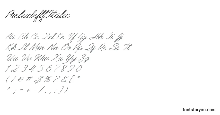 Schriftart PreludeflfItalic – Alphabet, Zahlen, spezielle Symbole