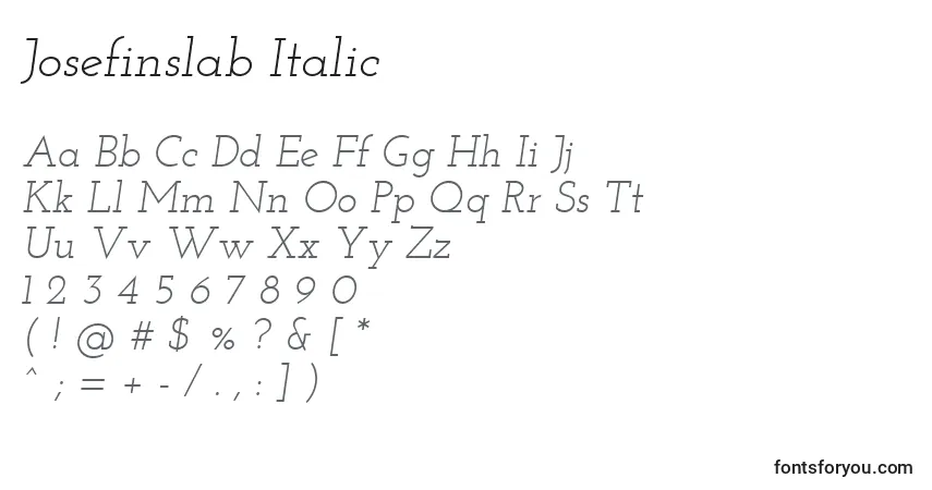 Czcionka Josefinslab Italic – alfabet, cyfry, specjalne znaki