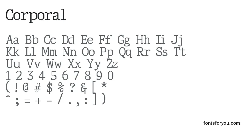 A fonte Corporal – alfabeto, números, caracteres especiais