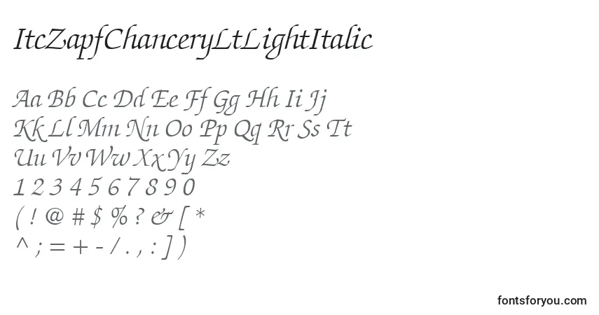 Schriftart ItcZapfChanceryLtLightItalic – Alphabet, Zahlen, spezielle Symbole