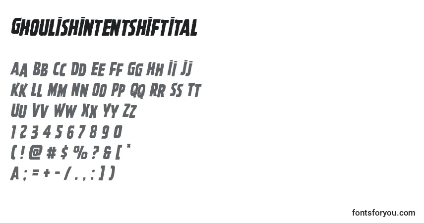 Schriftart Ghoulishintentshiftital – Alphabet, Zahlen, spezielle Symbole