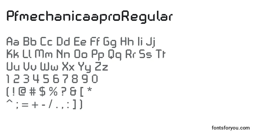characters of pfmechanicaaproregular font, letter of pfmechanicaaproregular font, alphabet of  pfmechanicaaproregular font